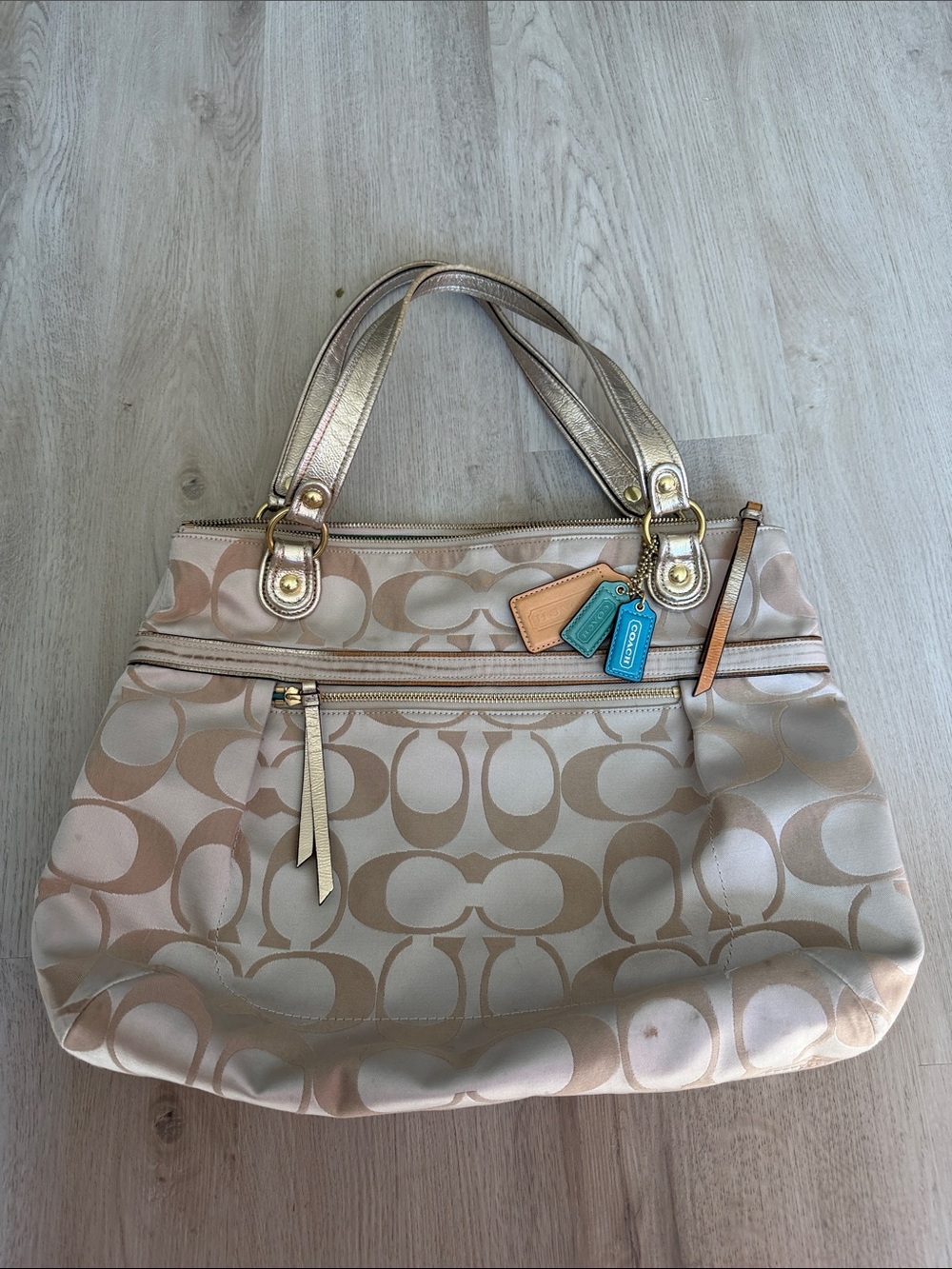 Coach Beige Metallic Signature Tote with Gold Hardware